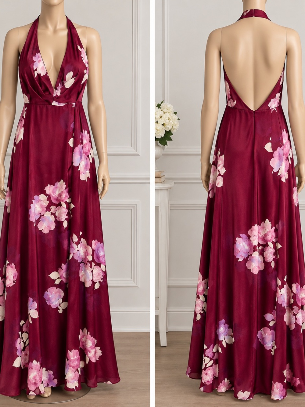 David's Bridal Burgundy Floral Halter Backless Maxi Dress